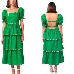 Anthropologie English Factory Kelly Green Scalloped  Puff Sleeve Dress( Medium)